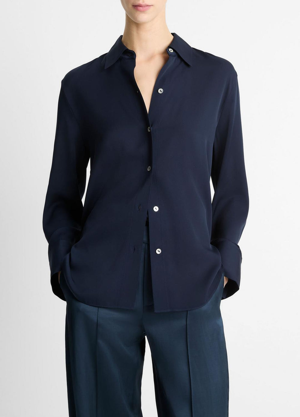 Stretch-Silk Button-Front Blouse in Long Sleeve - COASTAL BLUE | VINCE Women