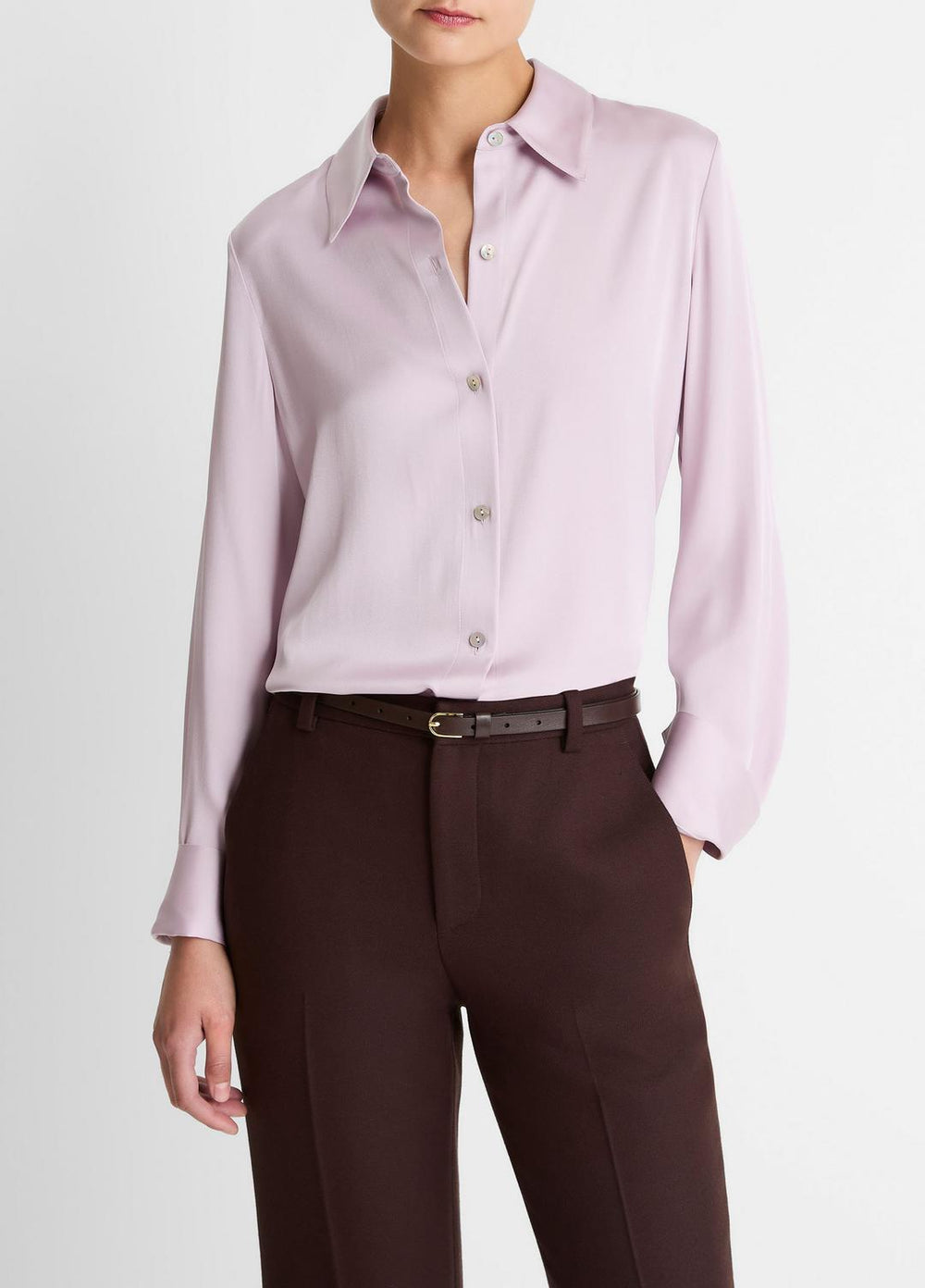 Silk-Blend Slim Button-Front Blouse in Long Sleeve - IRIS QUARTZ | VINCE Women