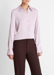 Silk-Blend Slim Button-Front Blouse in Long Sleeve - IRIS QUARTZ | VINCE Women