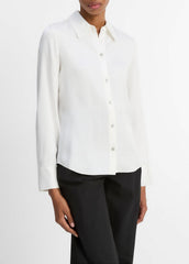 Silk-Blend Slim Button-Front Blouse in Long Sleeve - OFF WHITE | VINCE Women