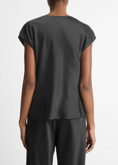 Silk Cowl-Neck Blouse in Short Sleeve - BLACK | VINCE Women