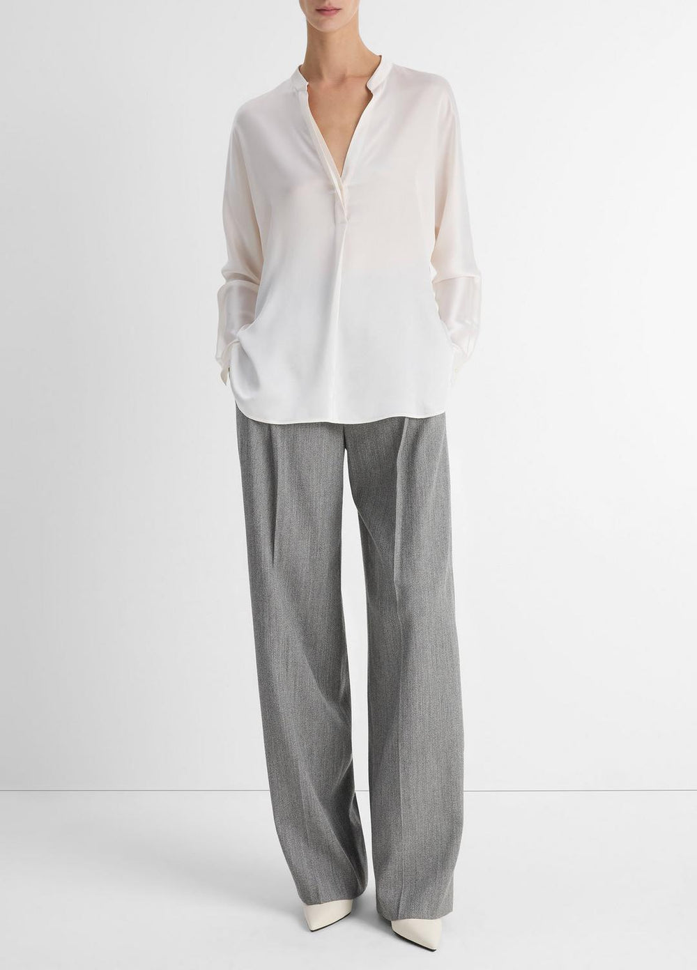 Silk Satin Band-Collar Blouse in Long Sleeve - OPTIC WHITE | VINCE Women