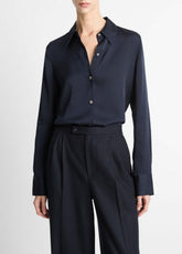 Silk-Blend Slim Button-Front Blouse in Long Sleeve - COASTAL BLUE | VINCE Women
