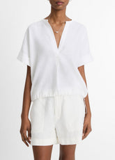 Linen Drawcord-Hem Blouse in Short Sleeve - OPTIC WHITE | VINCE Women