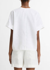 Linen Drawcord-Hem Blouse in Short Sleeve - OPTIC WHITE | VINCE Women