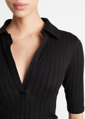 Cotton Elbow-Sleeve Polo Shirt in Short Sleeve - BLACK | VINCE Women