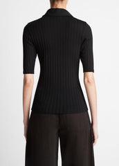 Cotton Elbow-Sleeve Polo Shirt in Short Sleeve - BLACK | VINCE Women