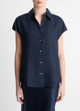 Linen Cap-Sleeve Button-Front Blouse in Short Sleeve - COASTAL BLUE | VINCE Women