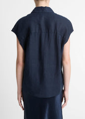 Linen Cap-Sleeve Button-Front Blouse in Short Sleeve - COASTAL BLUE | VINCE Women