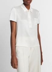 Silk Short-Sleeve Polo Shirt in Short Sleeve - OFF WHITE | VINCE Women