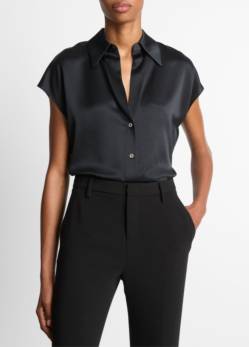 Silk Cap-Sleeve Ruched-Back Blouse in Short Sleeve - BLACK | VINCE Women