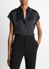 Silk Cap-Sleeve Ruched-Back Blouse in Short Sleeve - BLACK | VINCE Women