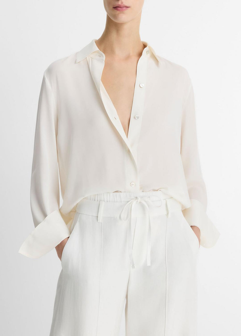 Stretch-Silk Button-Front Blouse in Long Sleeve - OFF WHITE | VINCE Women