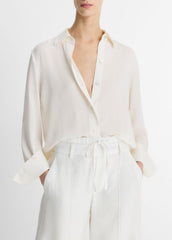 Stretch-Silk Button-Front Blouse in Long Sleeve - OFF WHITE | VINCE Women