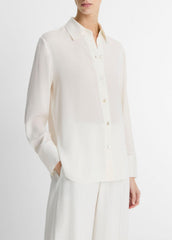 Stretch-Silk Button-Front Blouse in Long Sleeve - OFF WHITE | VINCE Women