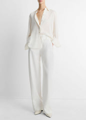 Stretch-Silk Button-Front Blouse in Long Sleeve - OFF WHITE | VINCE Women