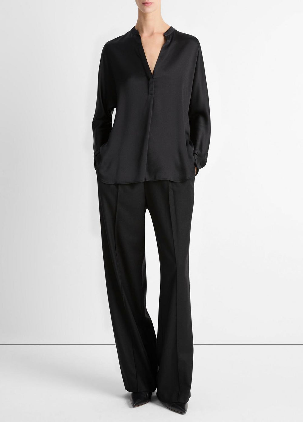 Silk Satin Band-Collar Blouse in Long Sleeve - BLACK | VINCE Women