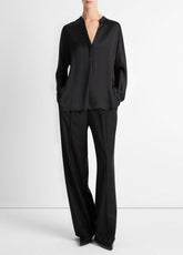 Silk Satin Band-Collar Blouse in Long Sleeve - BLACK | VINCE Women