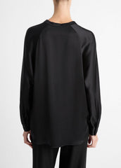 Silk Satin Band-Collar Blouse in Long Sleeve - BLACK | VINCE Women