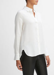 Slim Fitted Stretch-Silk Blouse in Long Sleeve - OPTIC WHITE | VINCE Women