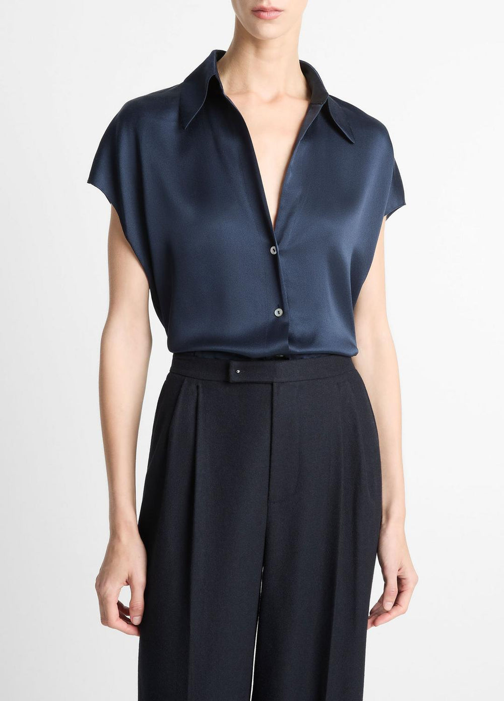 Silk Cap-Sleeve Ruched-Back Blouse in Short Sleeve - COASTAL BLUE | VINCE Women