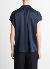 Silk Cap-Sleeve Ruched-Back Blouse in Short Sleeve - COASTAL BLUE | VINCE Women
