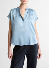 Silk Gathered Cap-Sleeve Blouse in Short Sleeve - DEL MAR | VINCE Women