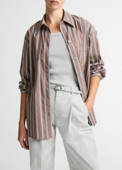 Striped Cotton-Blend Button-Front Shirt in Long Sleeve - BROWN MULTI | VINCE Women
