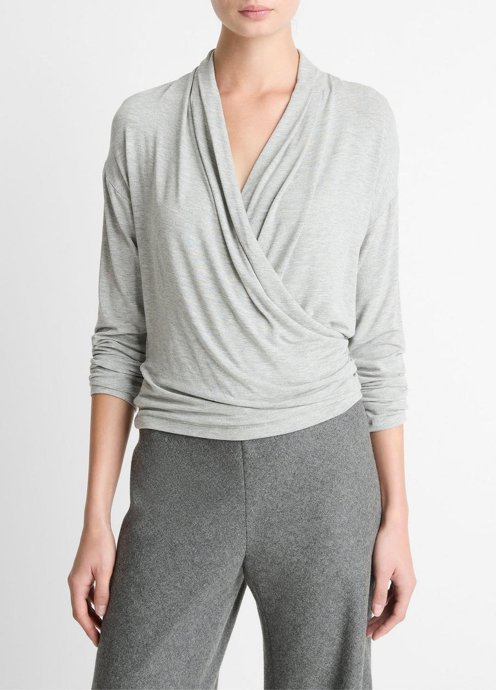 Relaxed Fixed-Wrap Jersey Top in Long Sleeve - HEATHER PALE GREY | VINCE Women
