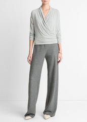 Relaxed Fixed-Wrap Jersey Top in Long Sleeve - HEATHER PALE GREY | VINCE Women