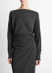 Draped Wool-Blend Slash-Neck Top in Long Sleeve - DARK HEATHER GREY | VINCE Women