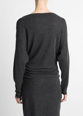 Draped Wool-Blend Slash-Neck Top in Long Sleeve - DARK HEATHER GREY | VINCE Women