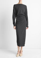 Draped Wool-Blend Slash-Neck Top in Long Sleeve - DARK HEATHER GREY | VINCE Women