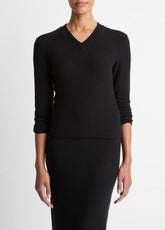 Cozy Rib High V-Neck Top in Long Sleeve - BLACK | VINCE Women