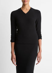 Cozy Rib High V-Neck Top in Long Sleeve - BLACK | VINCE Women