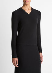 Cozy Rib High V-Neck Top in Long Sleeve - BLACK | VINCE Women
