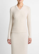 Cozy Rib High V-Neck Top in Long Sleeve - HEATHER CREAM OAT | VINCE Women