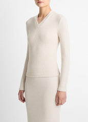 Cozy Rib High V-Neck Top in Long Sleeve - HEATHER CREAM OAT | VINCE Women