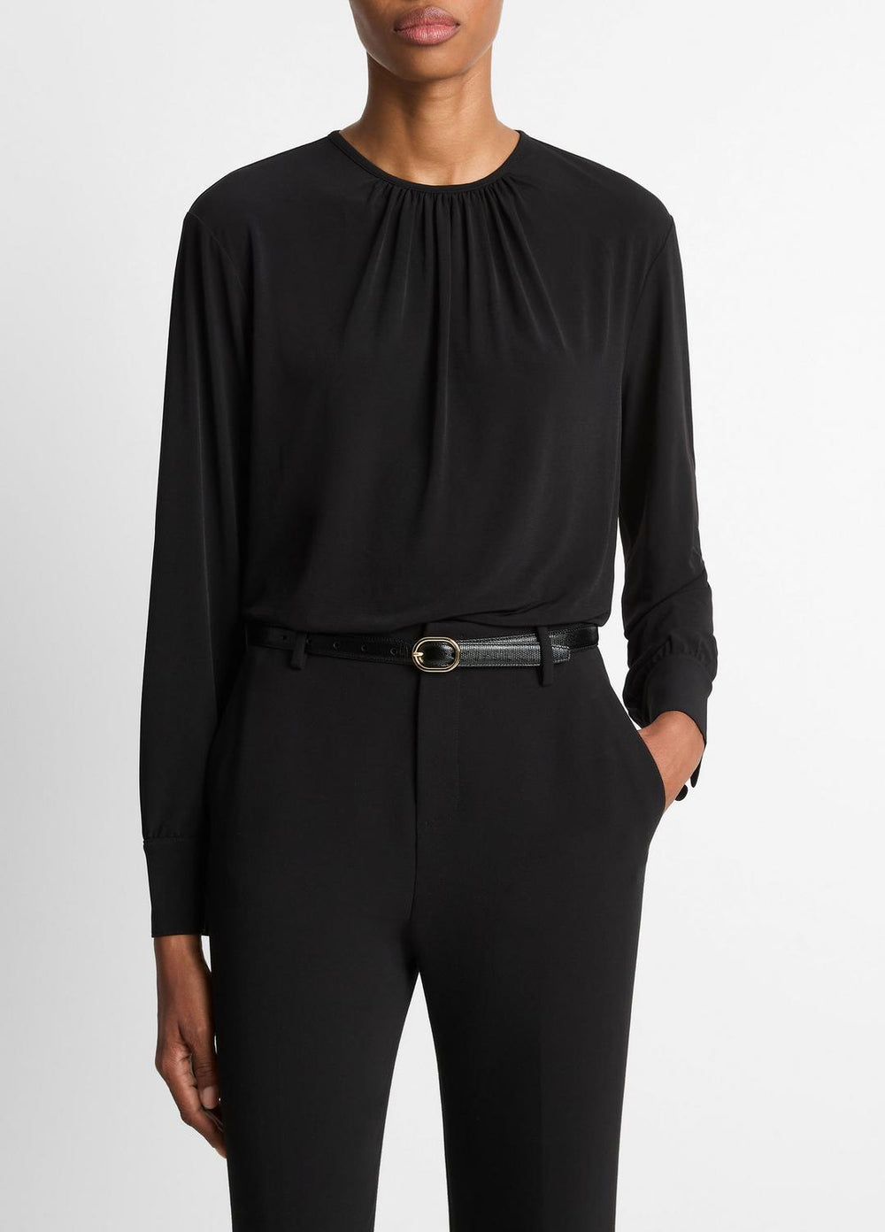 Matte Jersey Gathered Blouse in Long Sleeve - BLACK | VINCE Women