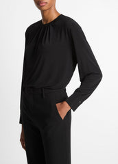Matte Jersey Gathered Blouse in Long Sleeve - BLACK | VINCE Women