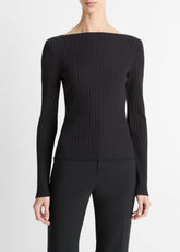 Ribbed Cotton-Blend Slash-Neck Long-Sleeve Top in Long Sleeve - BLACK | VINCE Women