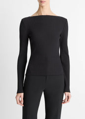 Ribbed Cotton-Blend Slash-Neck Long-Sleeve Top in Long Sleeve - BLACK | VINCE Women