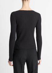 Ribbed Cotton-Blend Slash-Neck Long-Sleeve Top in Long Sleeve - BLACK | VINCE Women