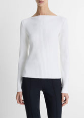 Ribbed Cotton-Blend Slash-Neck Long-Sleeve Top in Long Sleeve - OFF WHITE | VINCE Women