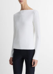 Ribbed Cotton-Blend Slash-Neck Long-Sleeve Top in Long Sleeve - OFF WHITE | VINCE Women