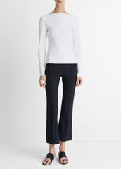 Ribbed Cotton-Blend Slash-Neck Long-Sleeve Top in Long Sleeve - OFF WHITE | VINCE Women