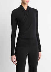 Fixed Wrap Long-Sleeve Top in Long Sleeve - BLACK | VINCE Women