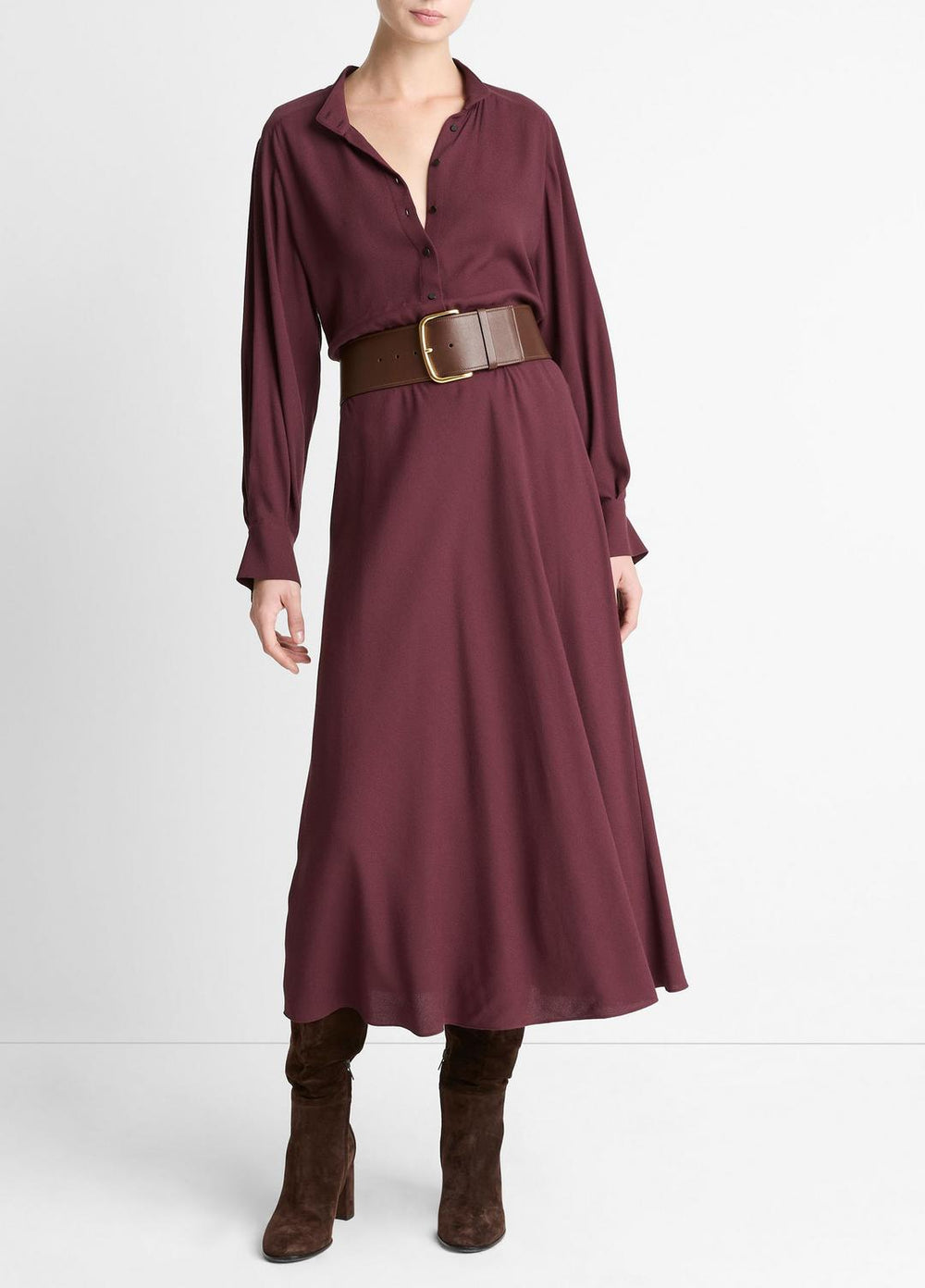 Crepe Collar-Stand Shirt Dress in Dresses - OXBLOOD | VINCE Women