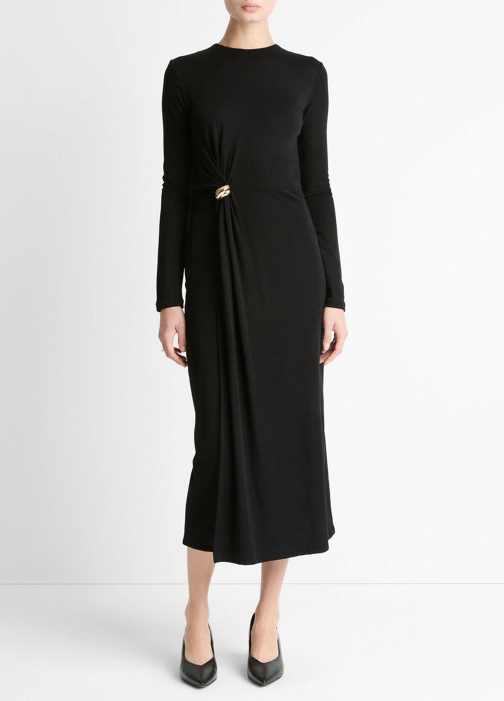 Cinched-Waist Wool-Blend Long-Sleeve Dress in Dresses - BLACK | VINCE Women