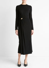 Cinched-Waist Wool-Blend Long-Sleeve Dress in Dresses - BLACK | VINCE Women